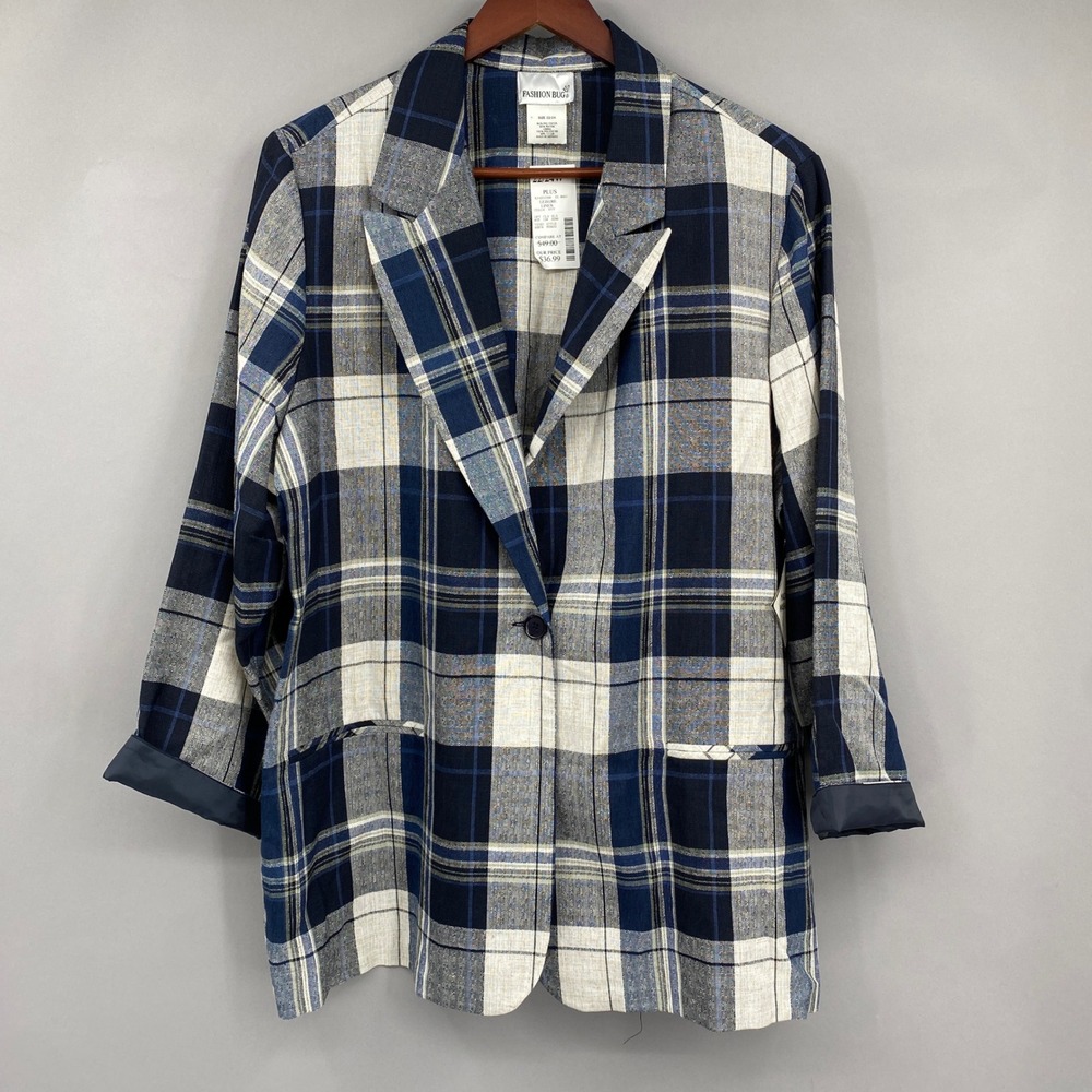 Vtg Fashion Bug Plaid Blazer Women Size 22/24 Navy Blue White Career Jacket